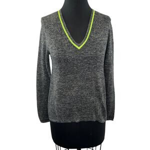 WHITE + WARREN Cotton Linen Blend V-Neck Sweater Gray Contrast Trim Pullover S